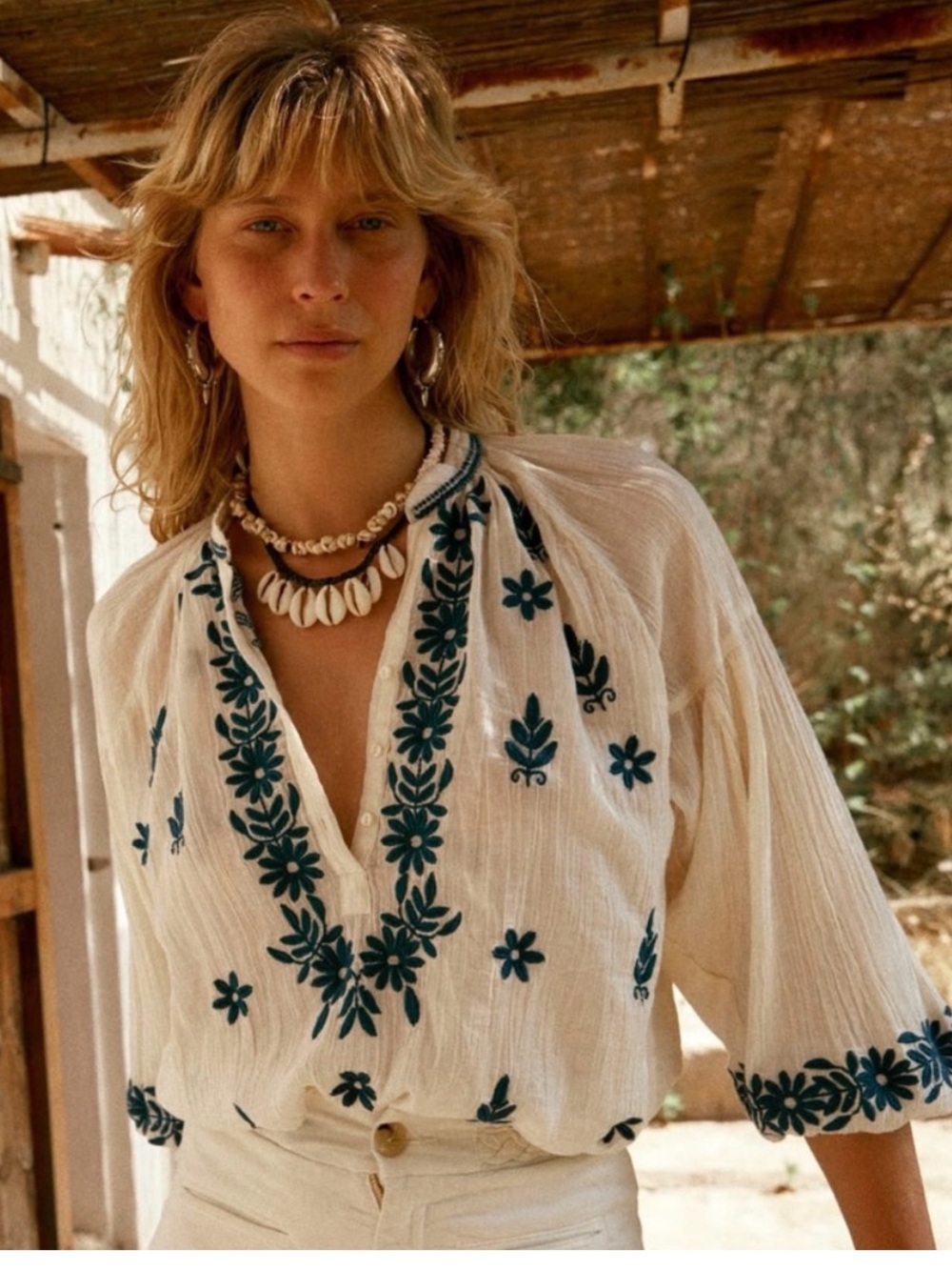 NWT Maison Hotel Blouse Lina Long Sleeve in Caribe Blue Cream Embroidered Floral - Picture 6 of 10
